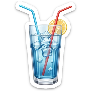 a cold drink in a glass with ice cubes and a straw sticker