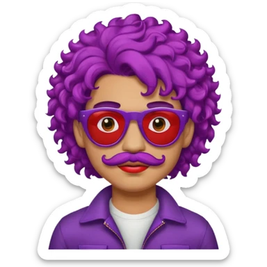purple haired, curly big haired mexican boy with red sunglassess, vrey cool and lipstick and mstache sticker