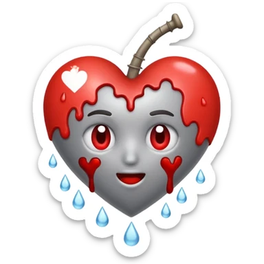 Un corazón roto de color gris con grietas  sangrando y expulsando sangre rodeado de vendas y tiritas que se despegan sin hacer efecto sticker