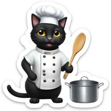black cat with a chef hat holding a pot and a pan sticker