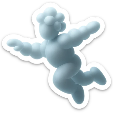 flying person made entirely of white convex clouds, matte glass style, concise, no background sticker