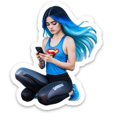 Shameful disappointed crying-very very very very big chest-texting on a samsung cell phone-very long straight flowing black to sky blue hair ombre-blue eyes-black eyeliner-long eyelashes-plastic sparkling sky blue very low cut tank top with sparkling superman logo-black leggings-nike sneakers sticker