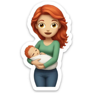 A white woman with red hair and holding a baby sticker
