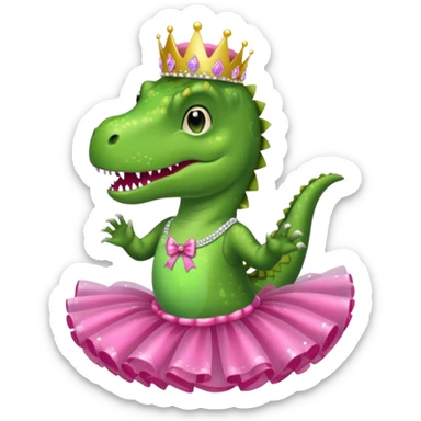 Trex wearing a tutu, tiara, and a pink glittery bow sticker