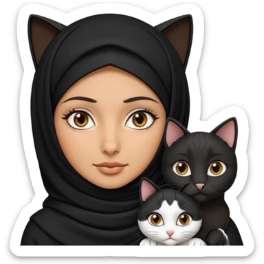 A Arabic woman human with brown eyes and black hijab. , two cats, the both cats have the colour black and white in the same colour,   sticker