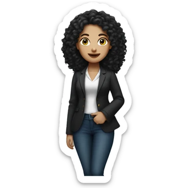 White girl with black curly long hair in wearing blazer sticker