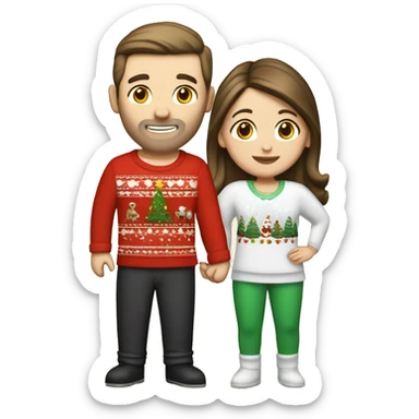 caucasian couple with brunette hair in Christmas pajamas ￼ sticker