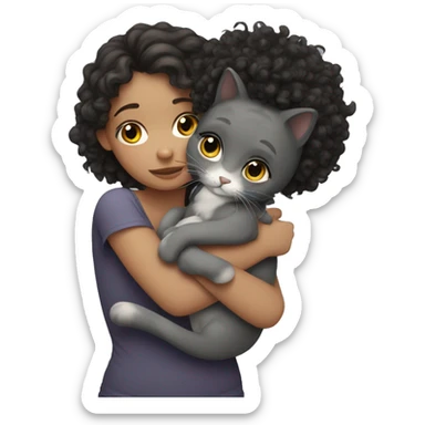 White Girl dark curly hair cuddling with grey cat sticker