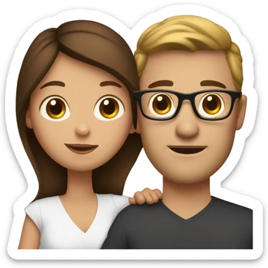 A white couple with brown hair. The main is wearing glasses with his arm around the wife. And the wife is holding a baby girl sticker