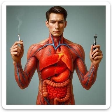 Medical illustration, hyperrealistic 4K, realistic anatomical human body, inflamed liver and intestine highlighted, holding a lit normal cigarette in the right hand and an electronic cigarette in the left hand, clear background, extremely detailed, same lighting and style as the provided reference image. sticker