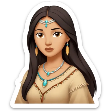 Cinematic Serene Pocahontas Portrait Emoji, rendered in a realistic, simplified vector style. Depict a gentle Pocahontas (chest and above) with warm, glowing skin, loosely flowing dark hair, and a calm, reflective expression, wearing modest traditional attire in earthy hues. The image is bathed in a soft, inviting glow with high shine and a soft glowing outline. sticker