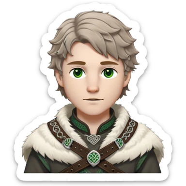 Medieval winter outfit worn by a DnD themed fantasy male character. Heavy charcoal wool tunic with arctic wolf fur lining, adorned with intricate iron clasps and a thick leather belt with celtic knotwork. Clothes only above the waist, full waist coverage. The character has no arms. Character is white-skinned with light brown hair, gray-green eyes, and short wavy hair dusted with winter's touch. sticker