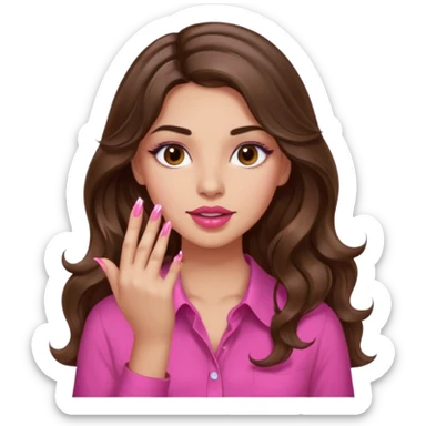 girl with long wavy brown hair, brown eyes, light to medium complexion, in a pink shirt, pink lips, long lashes, puckered lips,  painting long finger nails sticker