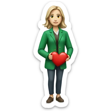 A European female teacher in a green jacket holds a heart in her hands sticker