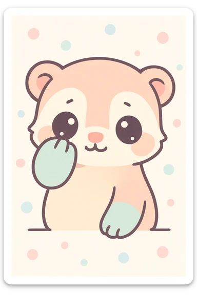 kawaii cartoon baby ferret, peeking out from behind a paw, shy expression, soft pastel colors, simple background sticker