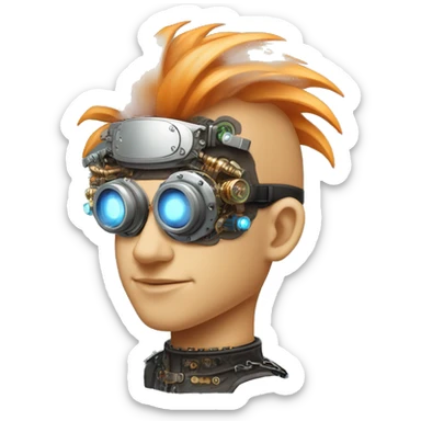 Light orange Mohawk hair male cyborg head with silver steampunk goggles and circuits sticker