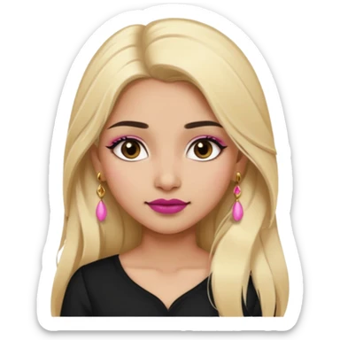 Sweet Indian girl blond long hair darkbrow  eyes brown/pink lipstick blush, black top gold earrings, brown eyebrows  sticker