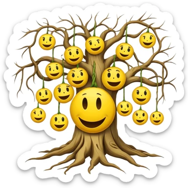 roots, tree, angry smiley faces hanging on branches sticker