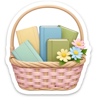 Pastel pink pastel yellow pastel blue and matcha colored books in a beige basket with flowers sticker