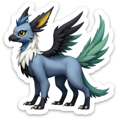 Dark-deep-colored gryphon-Trico-Nargacuga-Absol-Leafeon-Sprigatito-Silvally-fusion-hybrid with a long tufted tail, black beak, black claws, black tail, majestic, realistic, furry (full body) sticker