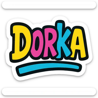 Dorka name in modern colorful gradient font with dark outline, dynamic slanted or partial underline, in the style of reference patterns sticker