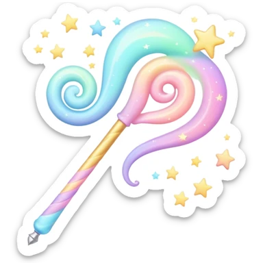 Cinematic cute magical wand, pastel swirls of color, tiny twinkling stars floating around, glowing softly, chubby rounded edges, whimsical and dreamy. sticker