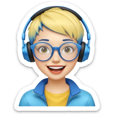 yellow-skinned girl with stylish blue ombre short hair, futuristic glasses, wireless headphones, laughing loudly sticker