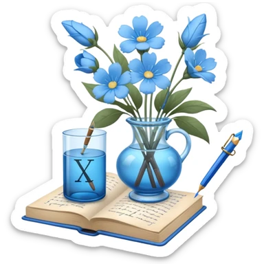 old blue book with light blue flowers in a glass vase and a writing quill, simple and clear composition, iOS style emoji sticker