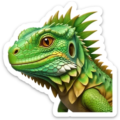 Cinematic Realistic Noble Iguana Portrait Emoji, Poised and commanding, with a robust, elongated body covered in intricately detailed, rough scales in vibrant shades of green with earthy brown accents, and a sharply defined head with piercing amber eyes, rendered with lifelike texture and natural light that accentuates every scale, high shine, intelligent and formidable, styled with an air of tropical authority, focused and attentive, soft glowing outline, capturing the essence of a watchful and confident iguana that appears ready to bask in the sun with effortless grace! sticker