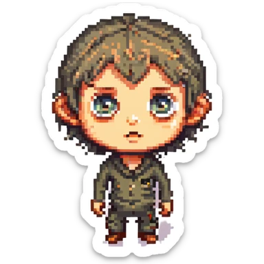 scary cute boy character, big eyes, playful but spooky, cartoon style sticker