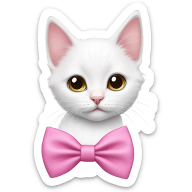 A white kitten wearing a pink bow tie sticker