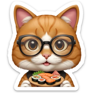 cute girl cat with really big square glasses with super thin frames eating sushi sticker