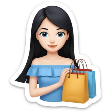 cewe ramah Kulit putih bersih, rambut hitam panjang sleek lurus. Pakai atasan biru muda off the shoulder . Pose tangan pegng belanjaan , tatapan senyum percaya diri. viber girls boss sticker