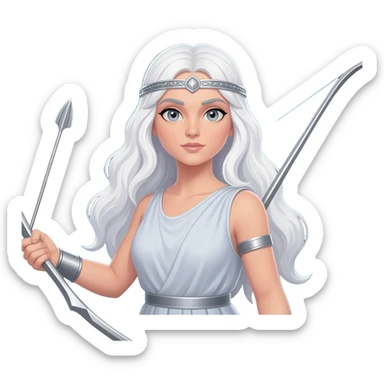 Artemis from Greek Mythology with grey eyes, long white hair, silver sticker