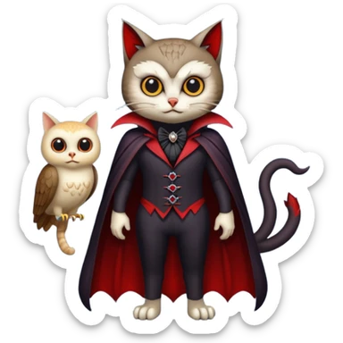 A animal with a Owl body cat head and tail full body vampire suit sticker