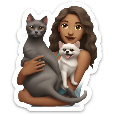 Woman in the right arm is holding a sphinx grey cat and in the left arm holding a Pomeranian dog sticker