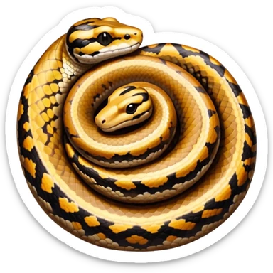 A photo-realistic top-down view of a Ball Python gently coiled into a tight spiral, with its head resting peacefully at the center. Its scales are warm brown with bold, irregular black markings, including the distinctive “alien-head” pattern, flowing smoothly along its body.  sticker