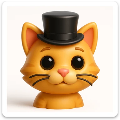 3D rendered emoji-style illustration, glossy plastic-like materials, soft ambient occlusion, rounded forms, high-detail textures, clean white background, Apple emoji aesthetic, subsurface scattering on skin, vibrant saturated colors, cute proportions with large expressive eyes, studio lighting with soft shadows, cat wearing a tophat sticker