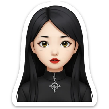 goth Asian girl, straight long black hair, lip piercing, black mock neck shirt sticker