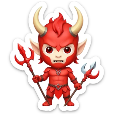 a Red devil, short horn Chibi red demon hold a trident sticker
