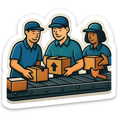 Картинка конвейерной ленты, по ней едут коробки, люди сортируют коробки в разные стороны, не обрезай края обводки sticker