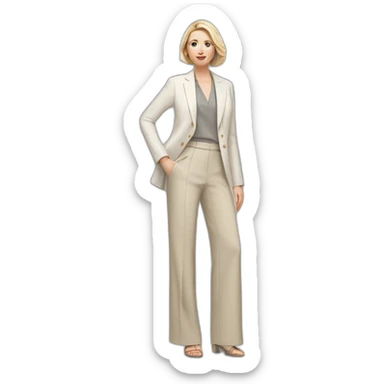 Full height Actively gesturing with hands pale skin woman with ash blonde Straightened bob Hair, White Spacious classical jacket, beige palazzo Arrow pants and gray blouse sticker