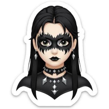 Crea una ragazza con stile black metal,  paint face black metal, capelli neri mossi dalle spalle e occhi bianchi e un collare con borchie a punta sticker
