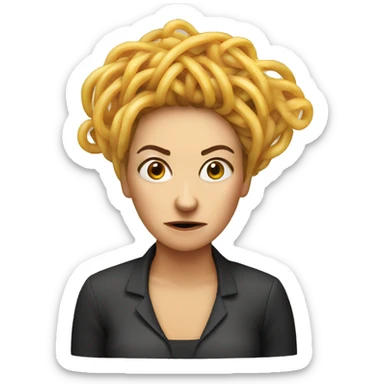 a slightly angry woman with spaghetti as hair, smoking sticker