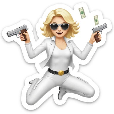 Mafia blondes woman Jumping for joy , in sunglasses, gun ,money , white costume  sticker