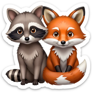 Collage of a raccoon and a fox, in close-up, set in a beautiful forest with tall trees, green bushes, and sunlight filtering through the leaves and flowers. A vibrant, wild atmosphere with a transparent background. sticker