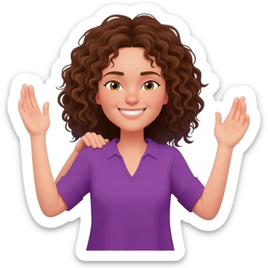 smiling face, brown curly shoulder length hair, hair touching shoulders, hazel eyes, pail skin, purple v-neck shirt, arms up in an emoji shrug position. sticker