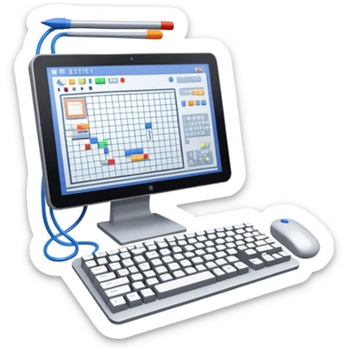 Emoji for Game Design: computer screen with Professional game development interface, 3D models, pixel art and design tools like grid, wireframe, and stylus. Symbolizes the technical and creative process of game development. Transparent background. sticker