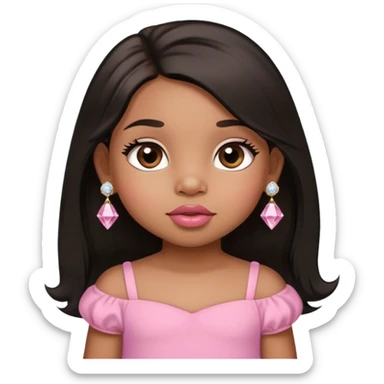 light brown skin tone, very adorable toddler, with big plump lips, long long lashes, black straight long hair, brown eyes, pink dress, diamond stud earrings sticker