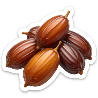 small cluster of dates, glossy brown skin, slightly wrinkled, plump, color variation from amber to mahogany, no plate, packaging, garnish, or faces, clean 3D, soft shadows, emoji scale sticker